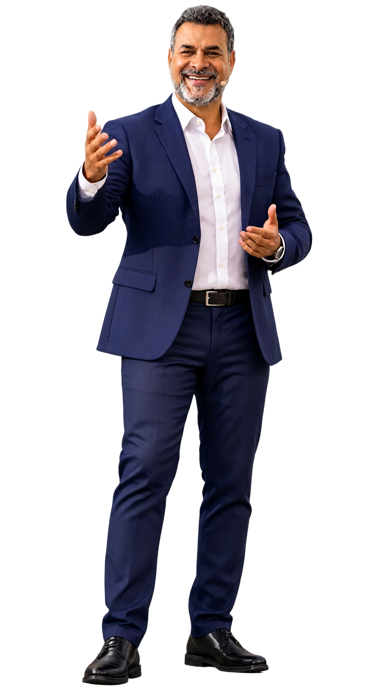 Tony Godoy de terno azul, sorrindo e gesticulando com um microfone de apresentação